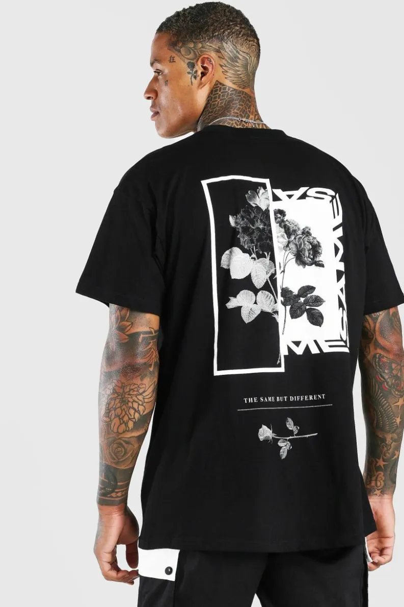 Outlet boohooMAN Oversized Floral Photo Back Print T-Shirt black
