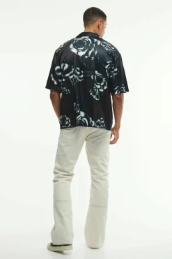 New boohooMAN Oversized Floral Printed Satin Short Sleeve Shirt black