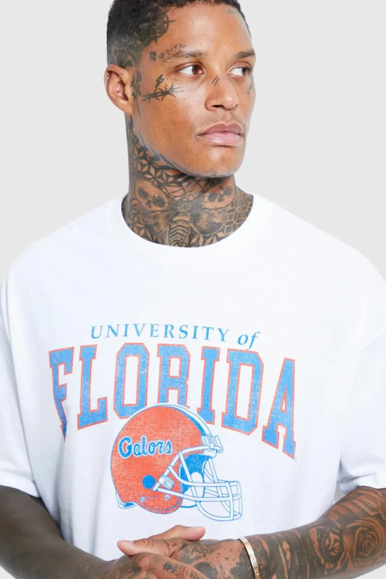 Shop boohooMAN Oversized Florida License T-shirt white