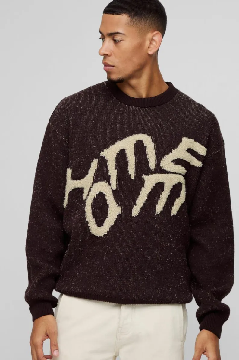 Store boohooMAN Oversized Fluffy Graphic Homme Knitted Jumper charcoal