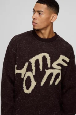 Store boohooMAN Oversized Fluffy Graphic Homme Knitted Jumper charcoal