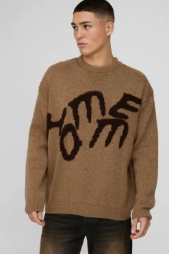 Best Sale boohooMAN Oversized Fluffy Graphic Homme Knitted Jumper taupe