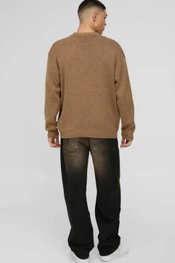 Best Sale boohooMAN Oversized Fluffy Graphic Homme Knitted Jumper taupe