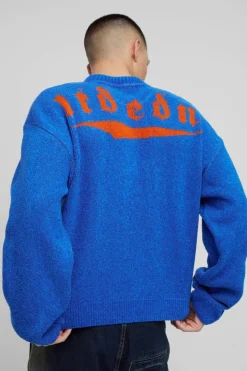 Outlet boohooMAN Oversized Fluffy Jacquard Graphic Knitted Jumper blue