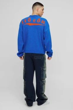 Outlet boohooMAN Oversized Fluffy Jacquard Graphic Knitted Jumper blue