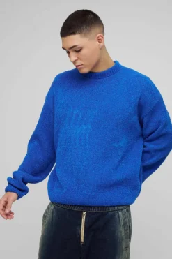 Outlet boohooMAN Oversized Fluffy Jacquard Graphic Knitted Jumper blue