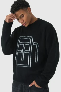 New boohooMAN Oversized Fluffy Knit BM Jumper black