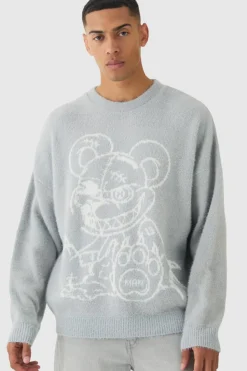 Online boohooMAN Oversized Fluffy Teddy Jumper in grey