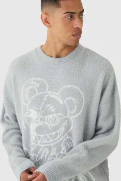 Online boohooMAN Oversized Fluffy Teddy Jumper in grey