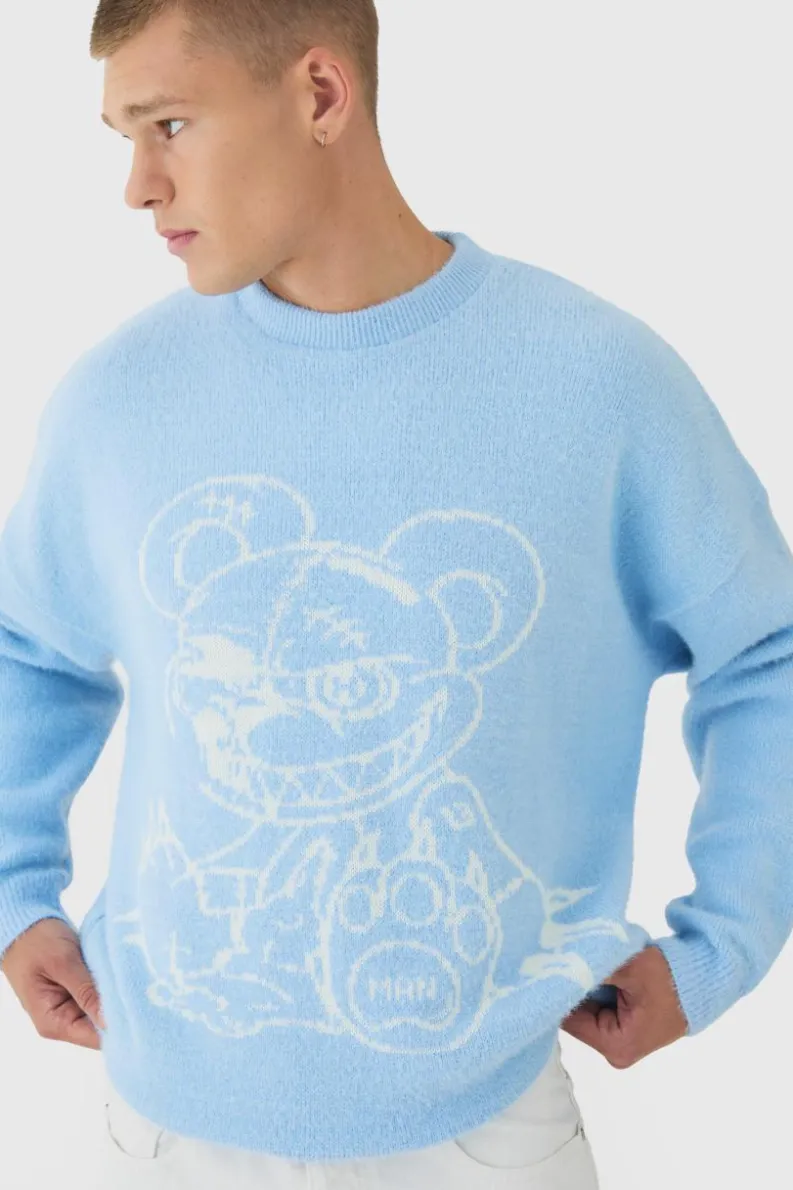 Sale boohooMAN Oversized Fluffy Teddy Jumper in Blue light blue