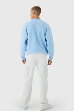 Sale boohooMAN Oversized Fluffy Teddy Jumper in Blue light blue