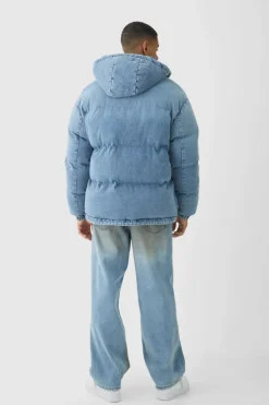 Store boohooMAN Oversized Funnel Neck Detachable Hood Denim Puffer Jacket light blue