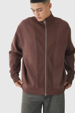Fashion boohooMAN Oversized Funnel Neck Zip Through Thick Rib Sweat chocolate