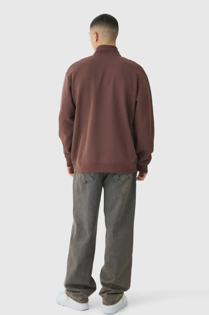 Fashion boohooMAN Oversized Funnel Neck Zip Through Thick Rib Sweat chocolate