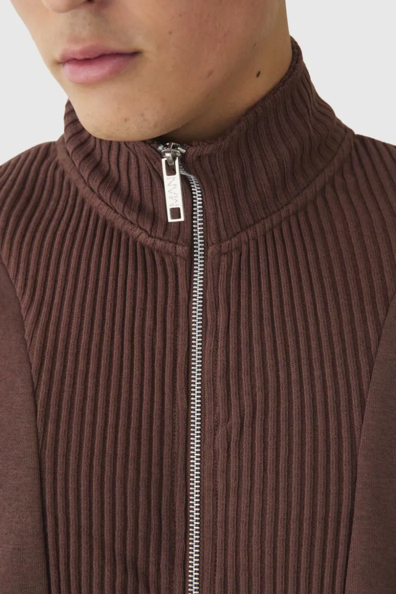 Fashion boohooMAN Oversized Funnel Neck Zip Through Thick Rib Sweat chocolate