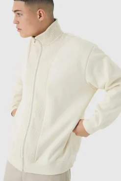 Flash Sale boohooMAN Oversized Funnel Neck Zip Through Thick Rib Sweat ecru