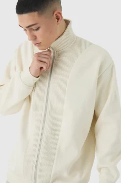 Flash Sale boohooMAN Oversized Funnel Neck Zip Through Thick Rib Sweat ecru