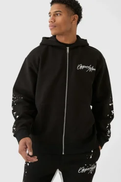 Cheap boohooMAN Oversized Graffiti Paint Splatter Gusset Tracksuit black