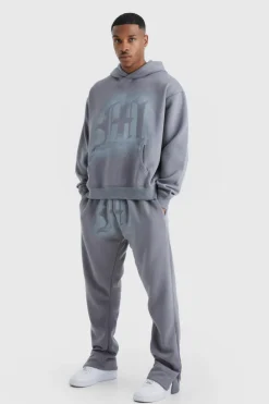 Fashion boohooMAN Oversized Graffiti Spray Graphic Tracksuit charcoal