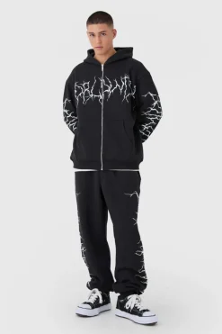 Cheap boohooMAN Oversized Graffiti Zip Through Hooded Tracksuit black
