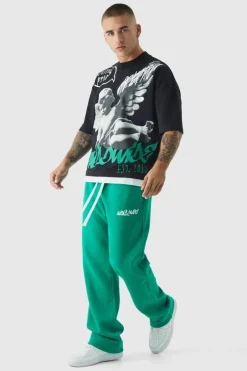 Discount boohooMAN Oversized Graphic Faux Layer T-Shirt And Jogger Set green