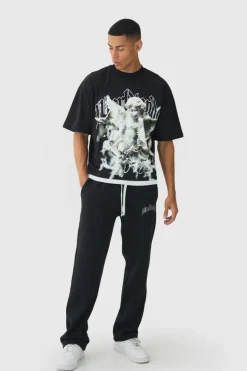 Hot boohooMAN Oversized Graphic Faux Layer T-Shirt And Jogger Set black