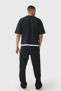 Hot boohooMAN Oversized Graphic Faux Layer T-Shirt And Jogger Set black