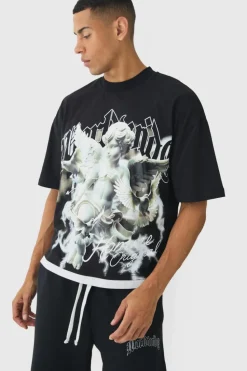 Hot boohooMAN Oversized Graphic Faux Layer T-Shirt And Jogger Set black