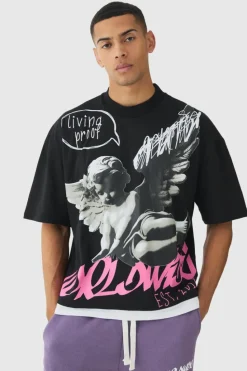 Store boohooMAN Oversized Graphic Faux Layer T-Shirt And Jogger Set plum