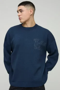 Fashion boohooMAN Oversized Graphic Knitted Jumper grey