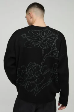 Clearance boohooMAN Oversized Graphic Knitted Jumper black