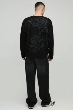 Clearance boohooMAN Oversized Graphic Knitted Jumper black