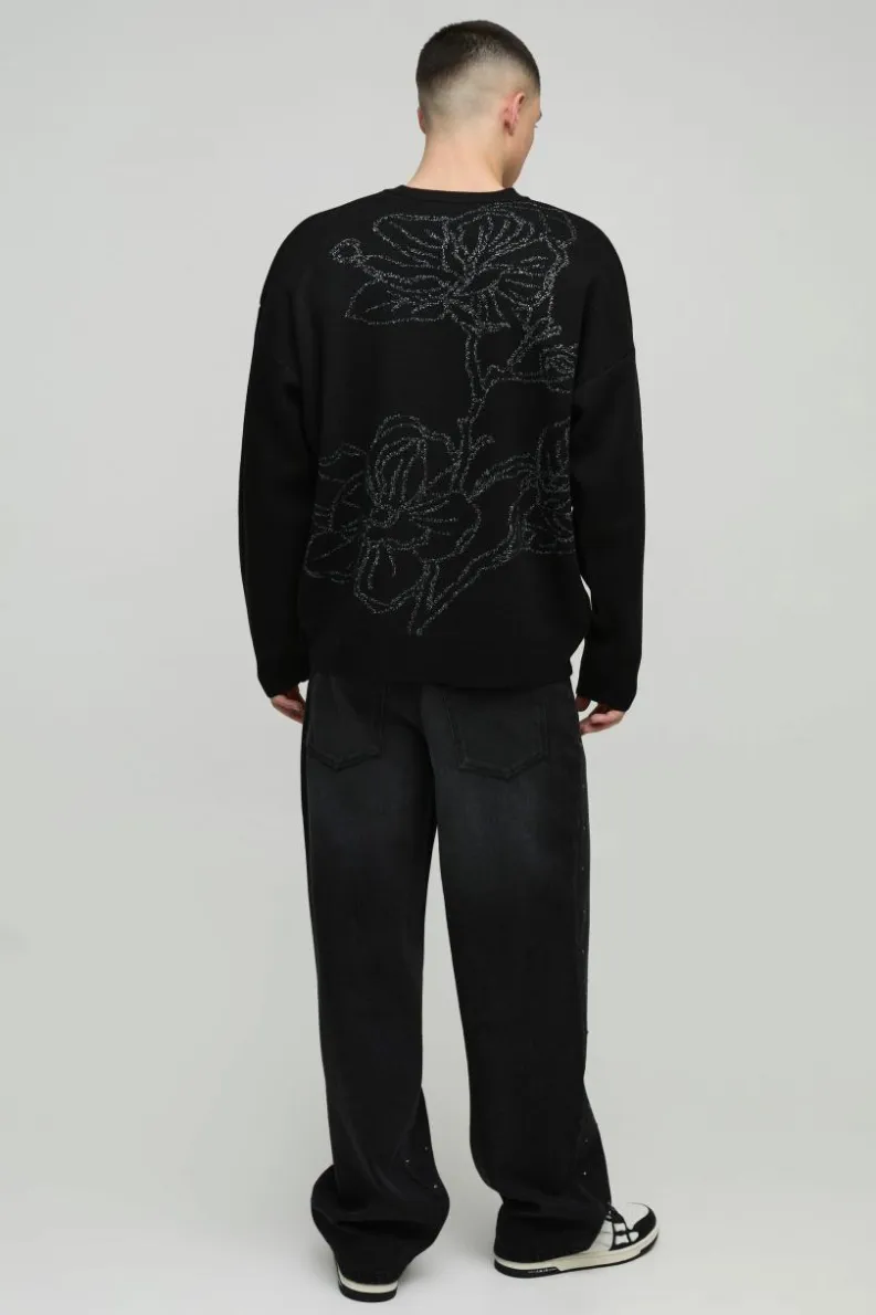 Clearance boohooMAN Oversized Graphic Knitted Jumper black