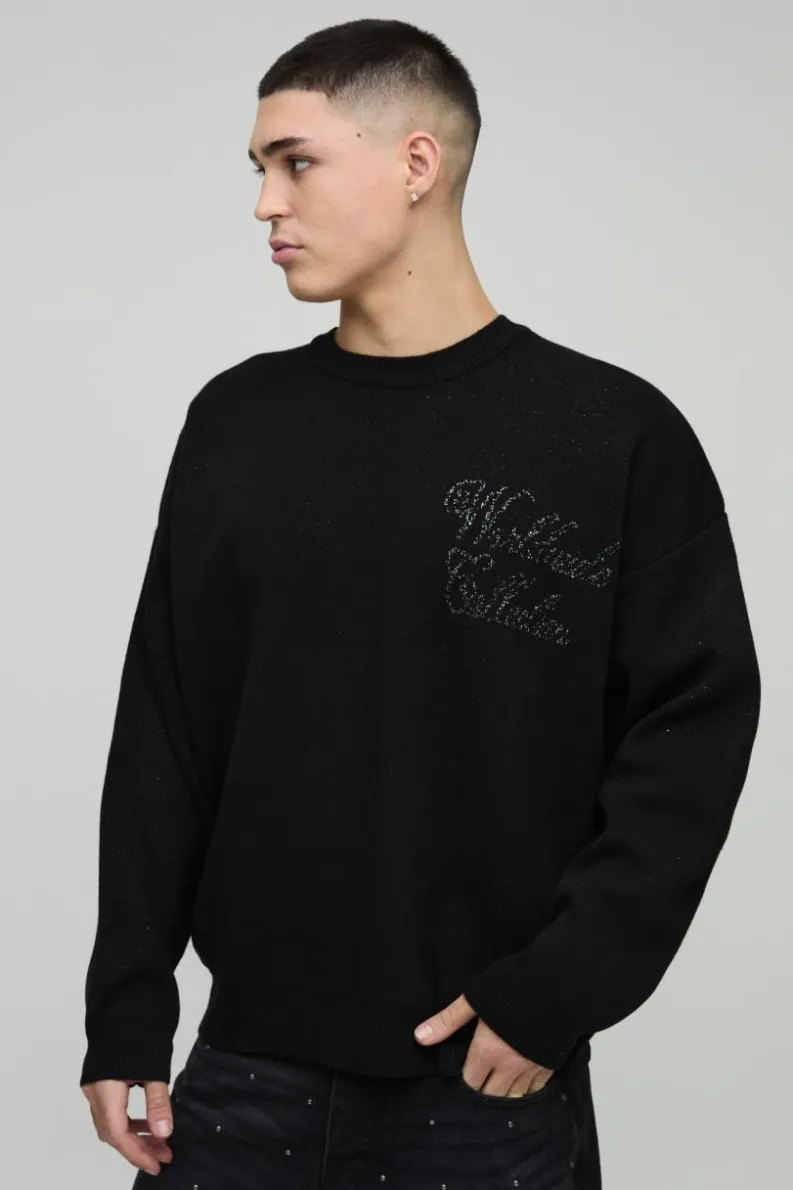 Clearance boohooMAN Oversized Graphic Knitted Jumper black