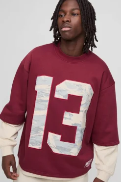 Hot boohooMAN Oversized Half Sleeve Faux Layer 13 Applique Sweatshirt burgundy
