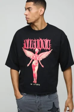 Cheap boohooMAN Oversized Half Sleeve Raw Hem Nirvana License Print Sweatshirt black