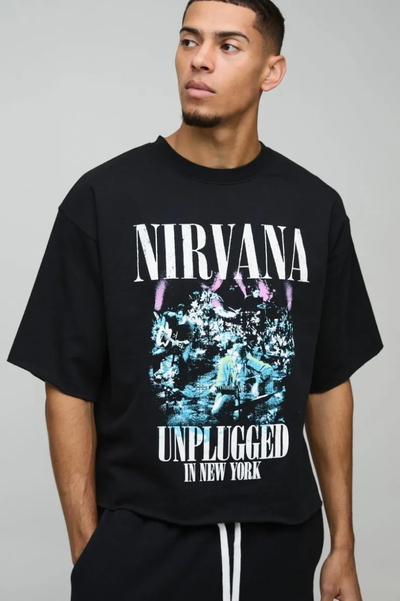 Online boohooMAN Oversized Half Sleeve Raw Hem Nirvana License Print Sweatshirt black