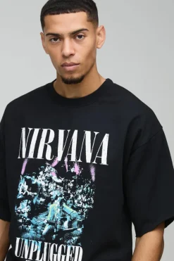 Online boohooMAN Oversized Half Sleeve Raw Hem Nirvana License Print Sweatshirt black