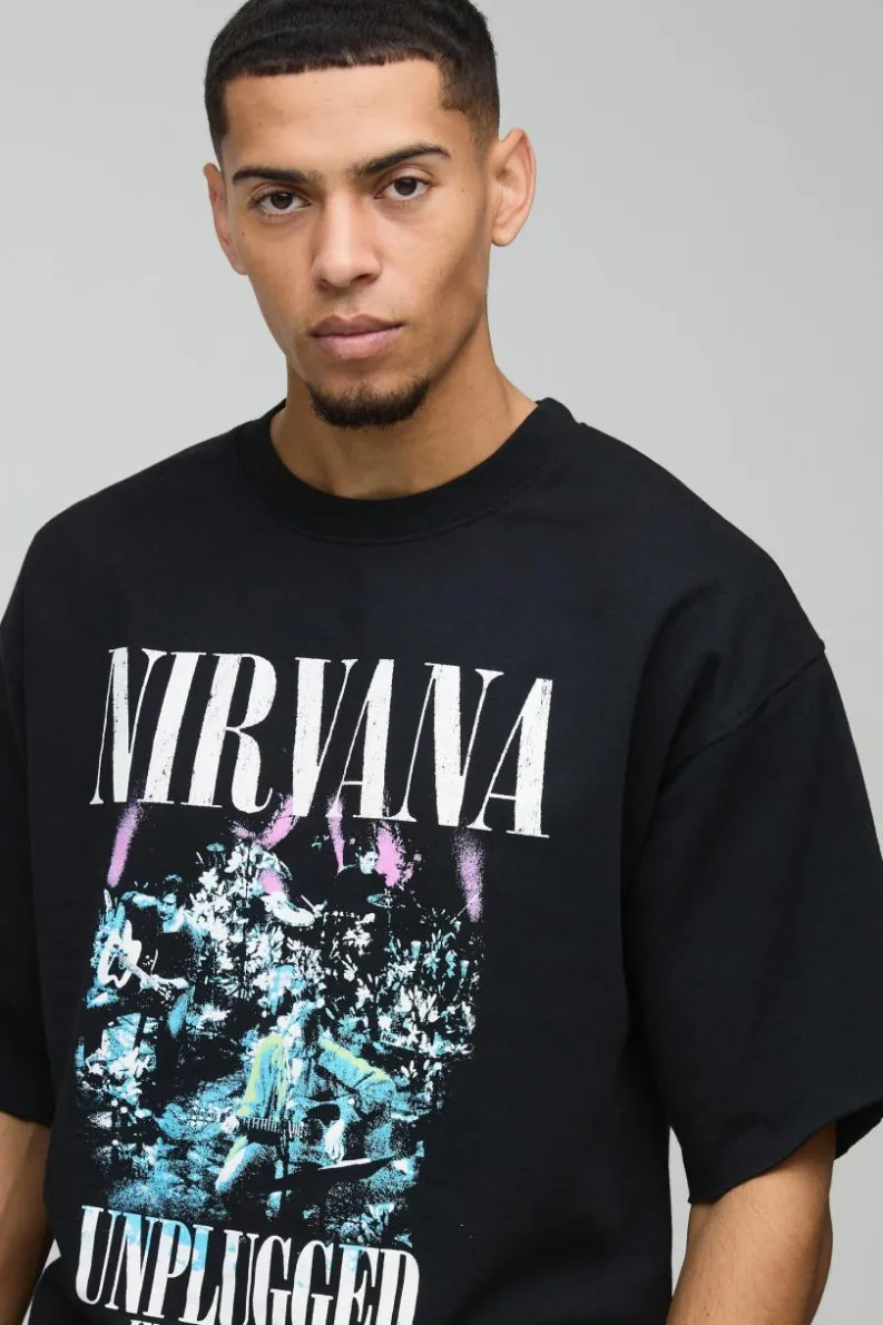 Online boohooMAN Oversized Half Sleeve Raw Hem Nirvana License Print Sweatshirt black