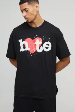 Best Sale boohooMAN Oversized Hate Heart Puff Print Graphic T-Shirt black