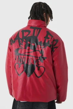 Sale boohooMAN Oversized Heartless Print Pu Puffer Jacket In red