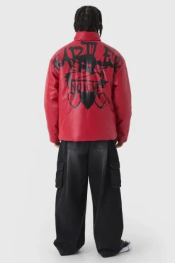 Sale boohooMAN Oversized Heartless Print Pu Puffer Jacket In red