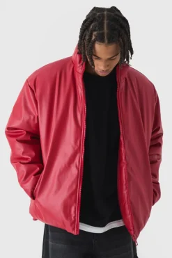 Sale boohooMAN Oversized Heartless Print Pu Puffer Jacket In red
