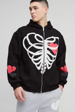 Sale boohooMAN Oversized Heart Skeleton Puff Print Zip Through Hoodie black