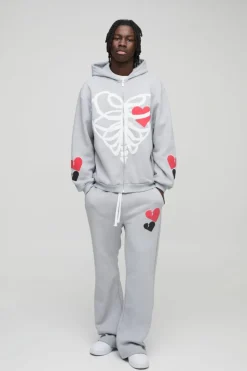Hot boohooMAN Oversized Heart Skelton Puff Print Flare Zip Through Tracksuit grey