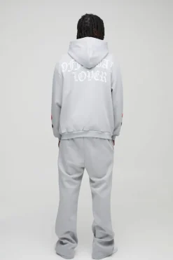 Hot boohooMAN Oversized Heart Skelton Puff Print Flare Zip Through Tracksuit grey