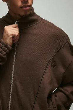 New boohooMAN Oversized Heavy Rib Panelled 3D Embroidered Track Top chocolate