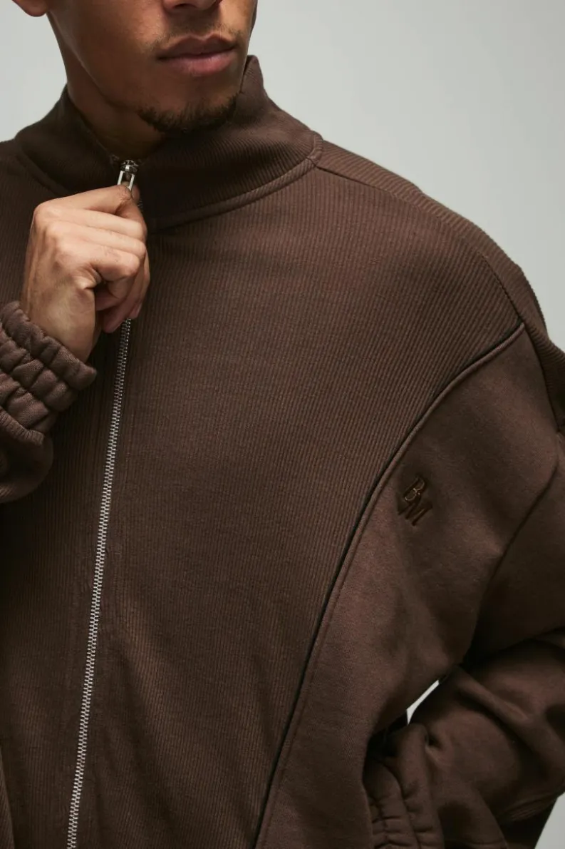 New boohooMAN Oversized Heavy Rib Panelled 3D Embroidered Track Top chocolate