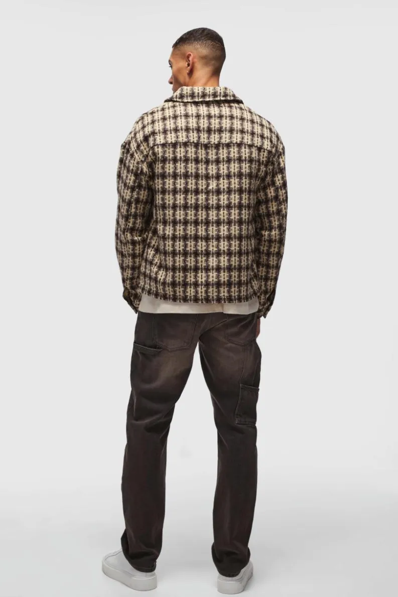 Fashion boohooMAN Oversized Heavyweight Boucle Check Overshirt chocolate