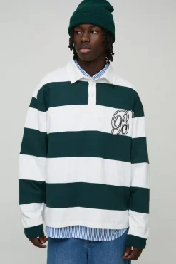 Discount boohooMAN Oversized Heavyweight Cut and Sew Applique Rugby Polo white